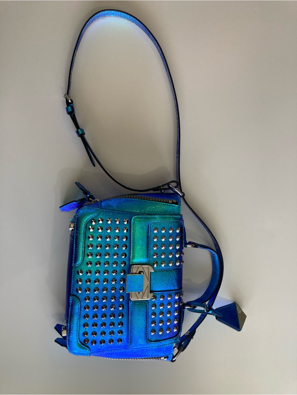 Rebecca Minkoff Iridescent Blue-Green Studded Satchel - Picture 5 of 15